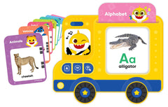 Pinkfong Baby Shark Flash Card Learning Bus shows colorful cards for vocabulary growth.