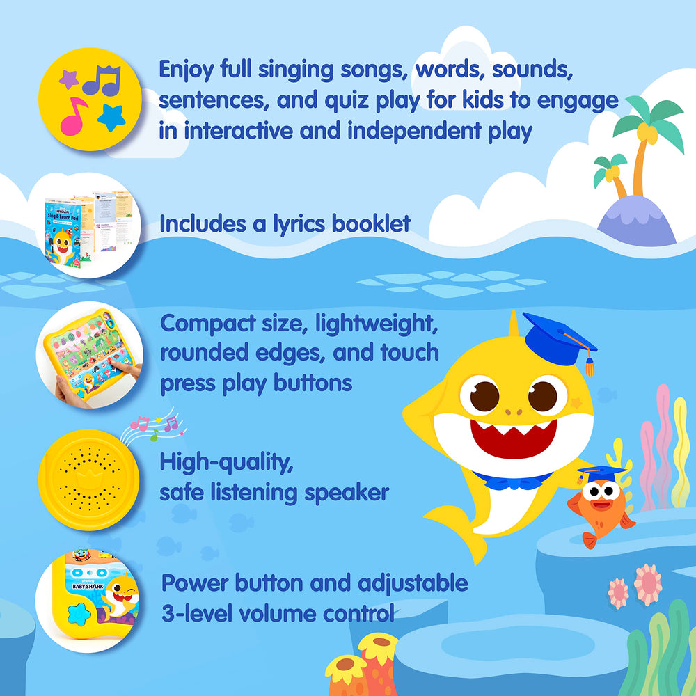 Pinkfong Baby Shark Storybook open showcasing adventures that reinforce basic skills through storytelling.