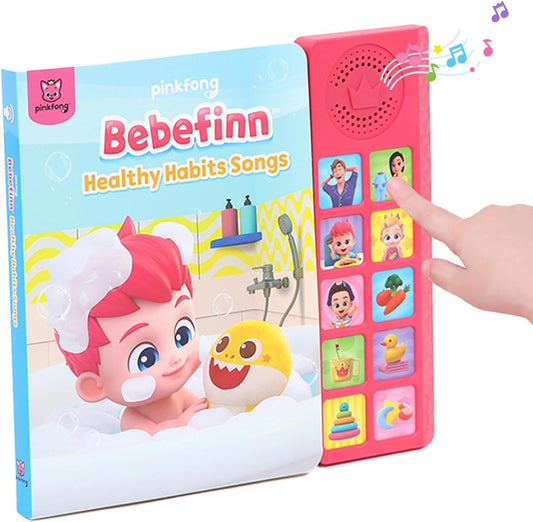 Pinkfong Bebefinn Healthy Habits Song Book cover with vibrant art and buttons.