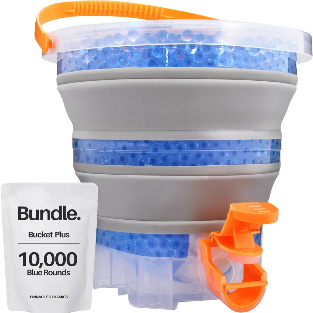 PINNACLE DYNAMICS collapsible ammo bucket enables portable gel blaster play.