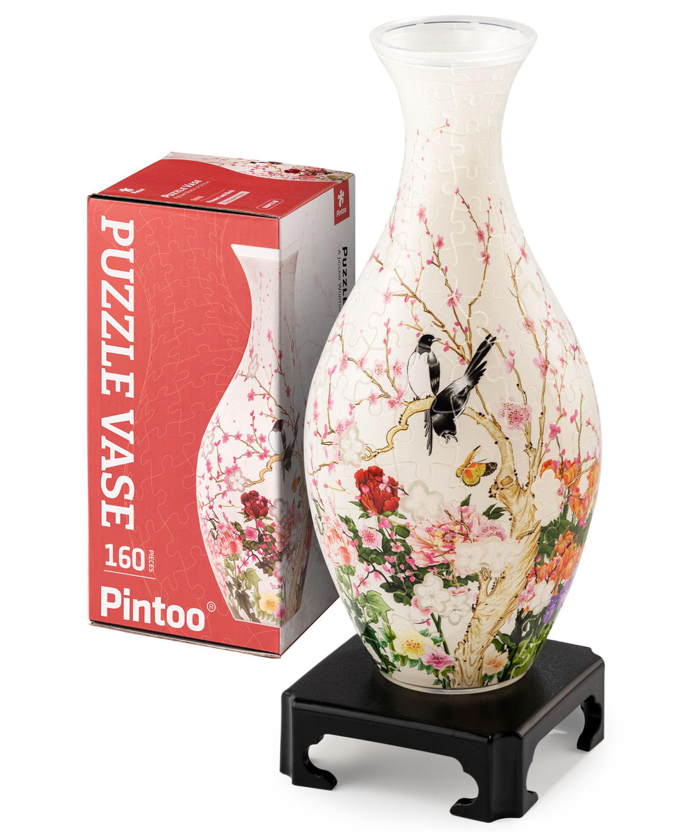 Pintoo 3D puzzle vase with translucent design featuring flowers and birds for decor.