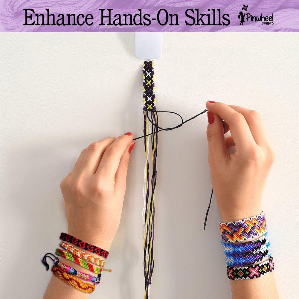 Pinwheel Crafts bracelet making in progress with strings and beads