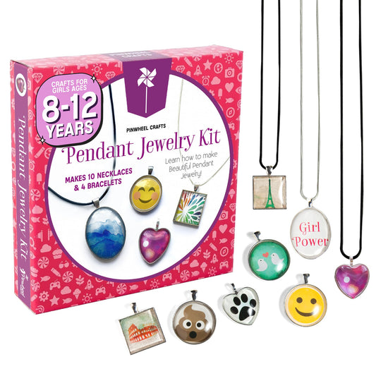 Pinwheel Crafts pendant kit starter contents for at-home jewelry making.