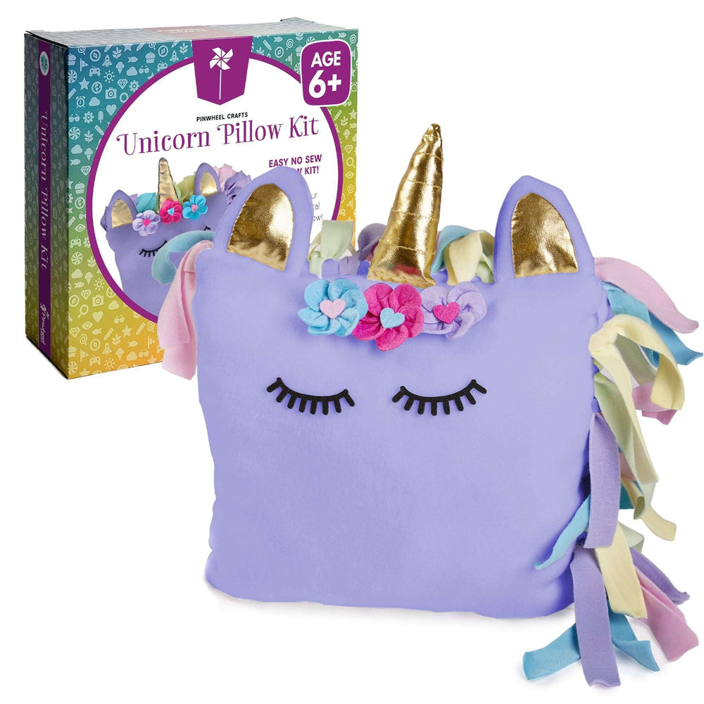 Pinwheel Crafts Unicorn Pillow Kit packaging showing all components for a no-sew project