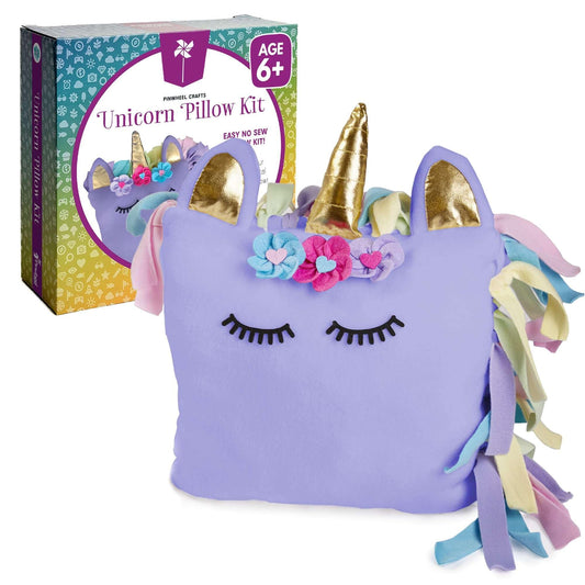 Pinwheel Crafts Unicorn Pillow Kit packaging showing all components for a no-sew project