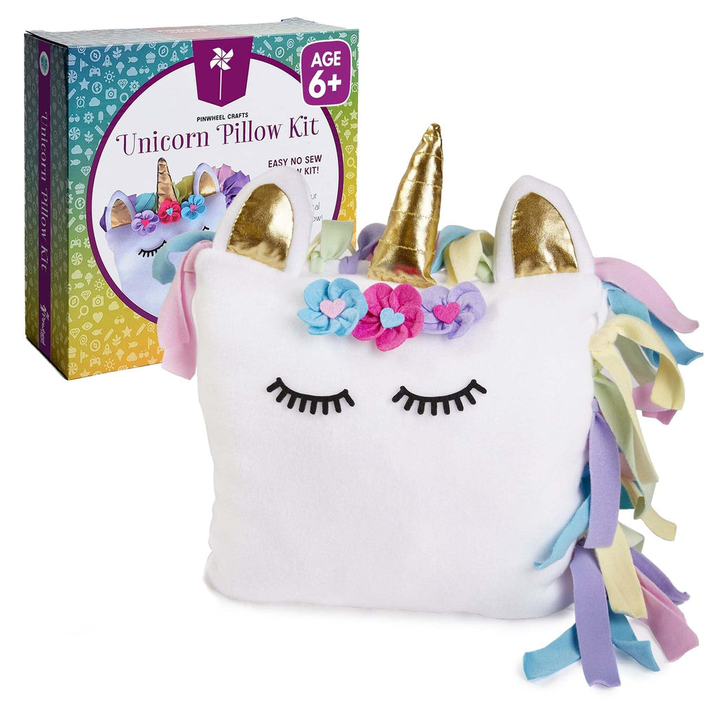 Pinwheel Crafts Unicorn Pillow Kit packaging view, a ready-to-gift craft set for creative kids.