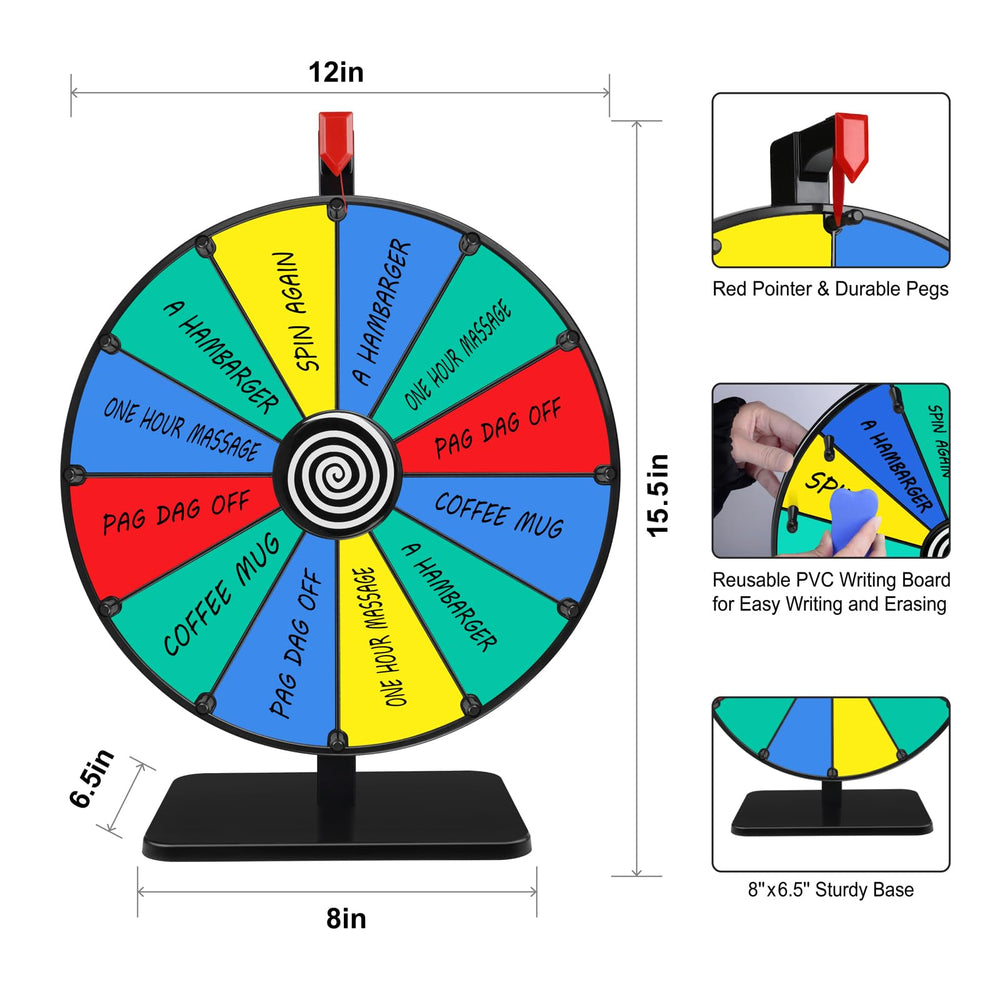 Pionites 12-slot prize wheel close-up showing vibrant sections and rotation.