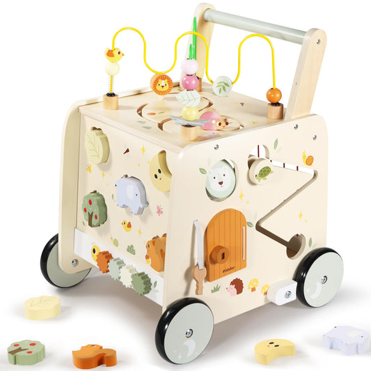 Pithfor wooden activity cube walker front view highlighting learning through tactile play