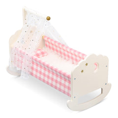 Pithfor wooden baby doll crib with canopy for immersive nurturing play.