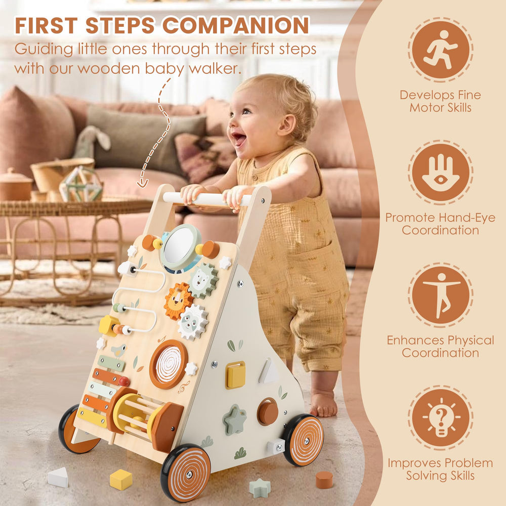 Pithfor walker activity center close-up with eight playful toys