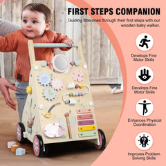 Pithfor wooden baby walker features xylophone and spinning gears for sensory play.