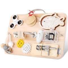 Pithfor wooden busy board features varied activities to boost toddlers' fine motor skills.