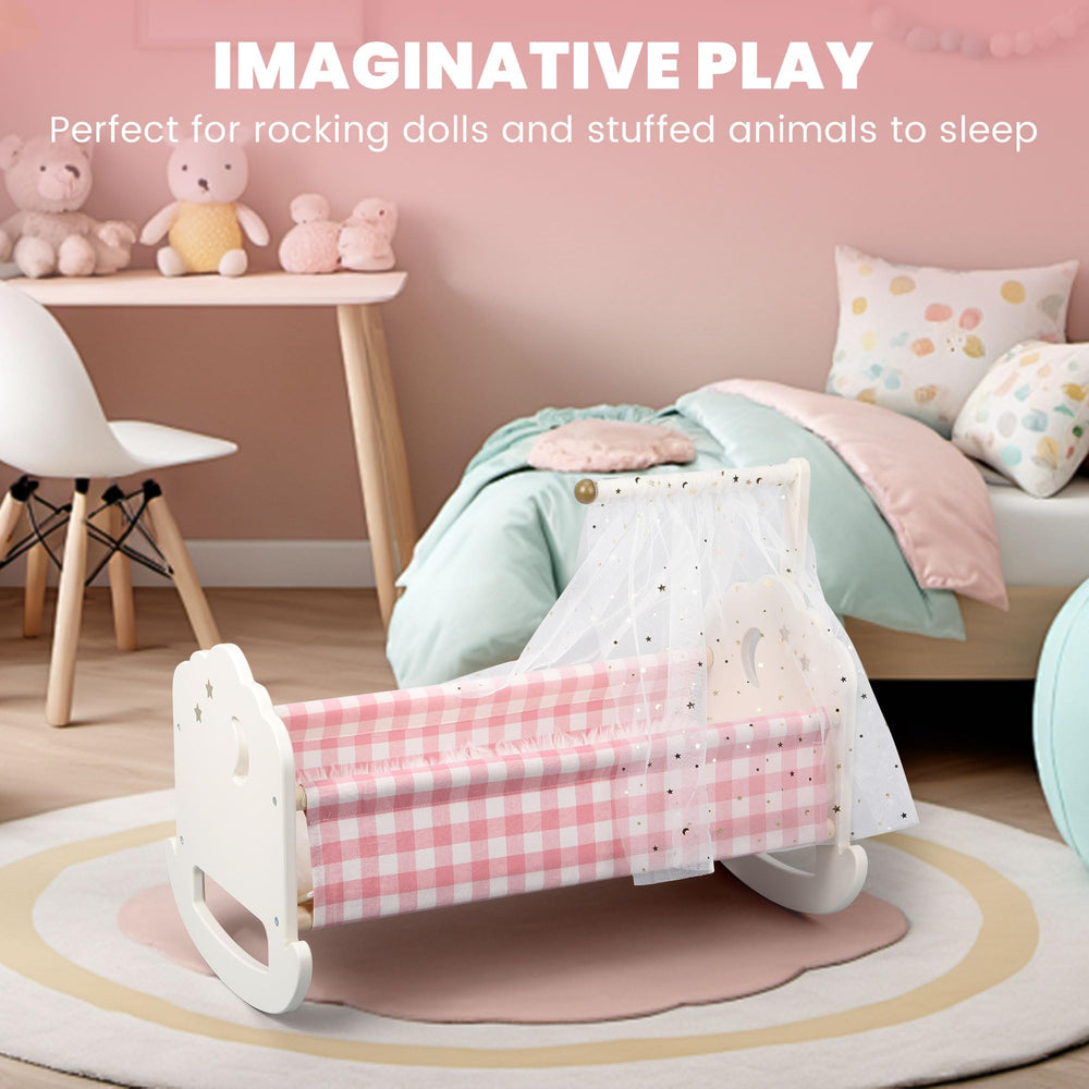 Pithfor wooden doll crib with bedding and pillow for tidy, ready-to-play setups.