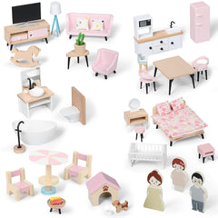 Pithfor wooden dollhouse furniture in seven rooms for imaginative play.
