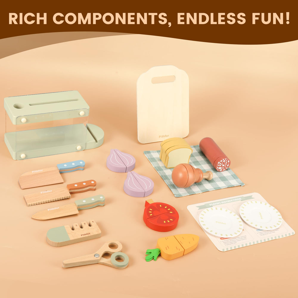 Pithfor Wooden Play Food Variety highlights colorful ingredients and Velcro cutting.
