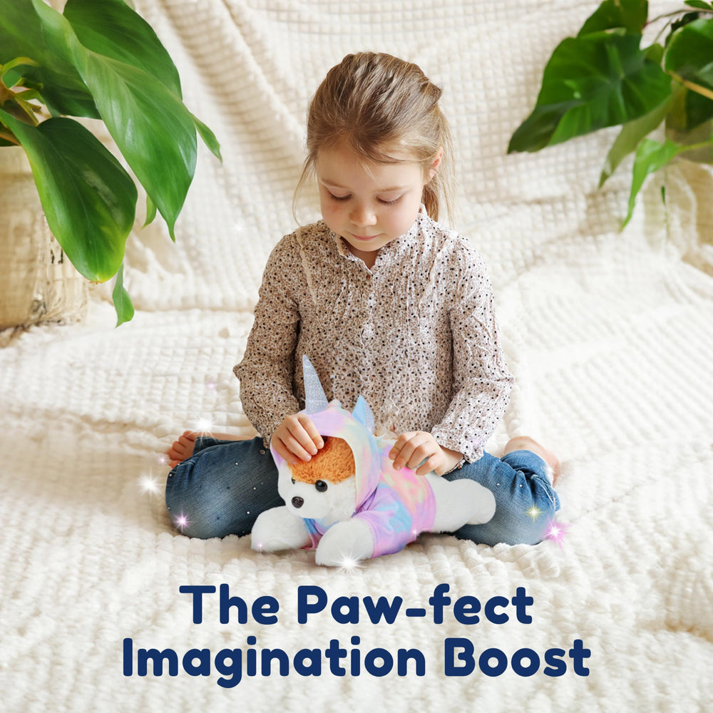 PixieCrush plush dog set 5x10x8, soft materials for cozy snuggles at bedtime.