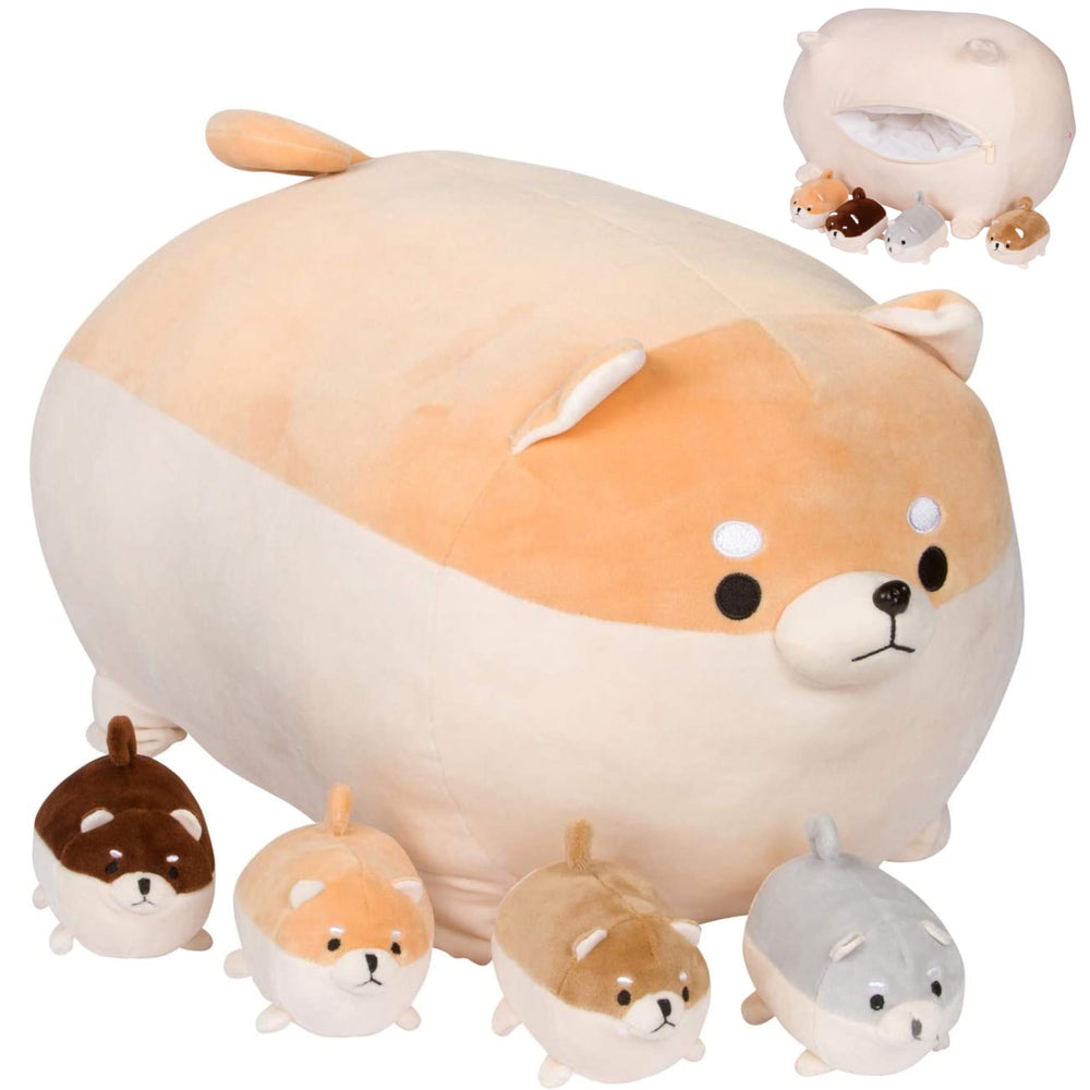 PixieCrush stuffed dog toy mommy with four puppies provides cozy bedtime cuddles.