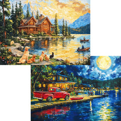 Pixlora Lake Cabin Moonlight 1000-piece puzzle offers a relaxing, immersive challenge.