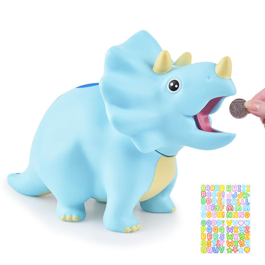 PJDRLLC dinosaur piggy bank blue front view boosts saving habits