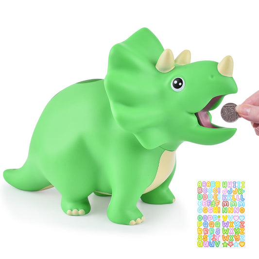 PJDRLLC Dinosaur Piggy Bank Green 10-inch, durable storage for kid's allowance.