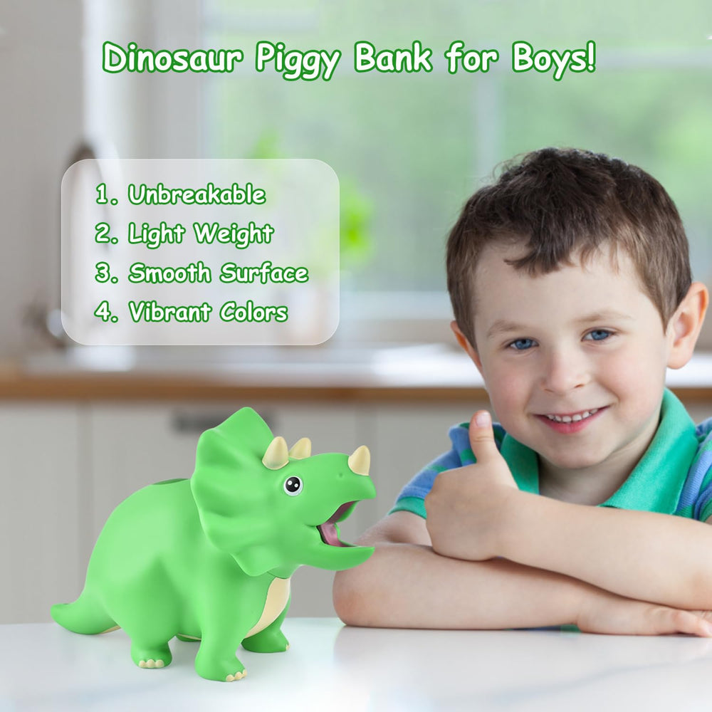 PJDRLLC Dinosaur Piggy Bank Green Side View: sturdy and kid-friendly grip.