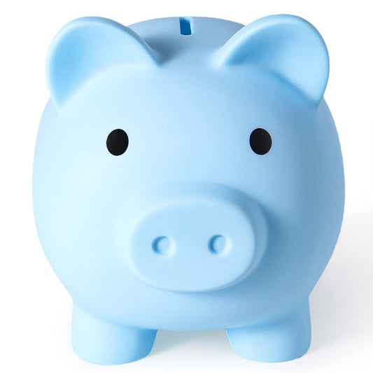 PJDRLLC large piggy bank blue front view for sturdy kid savings.