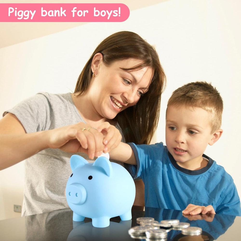 PJDRLLC large piggy bank blue side view showing ample coin capacity.
