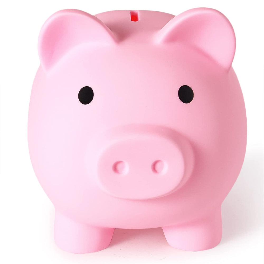 PJDRLLC large pink piggy bank front view highlighting sturdy, kid-friendly savings design.
