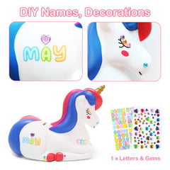 PJDRLLC Unicorn Piggy Bank purple in use by a child saving