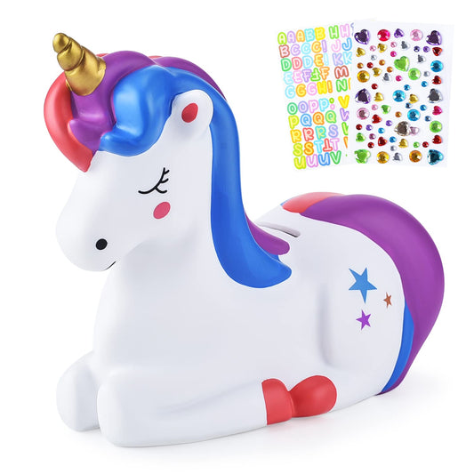 PJDRLLC Unicorn Piggy Bank purple front view for easy savings