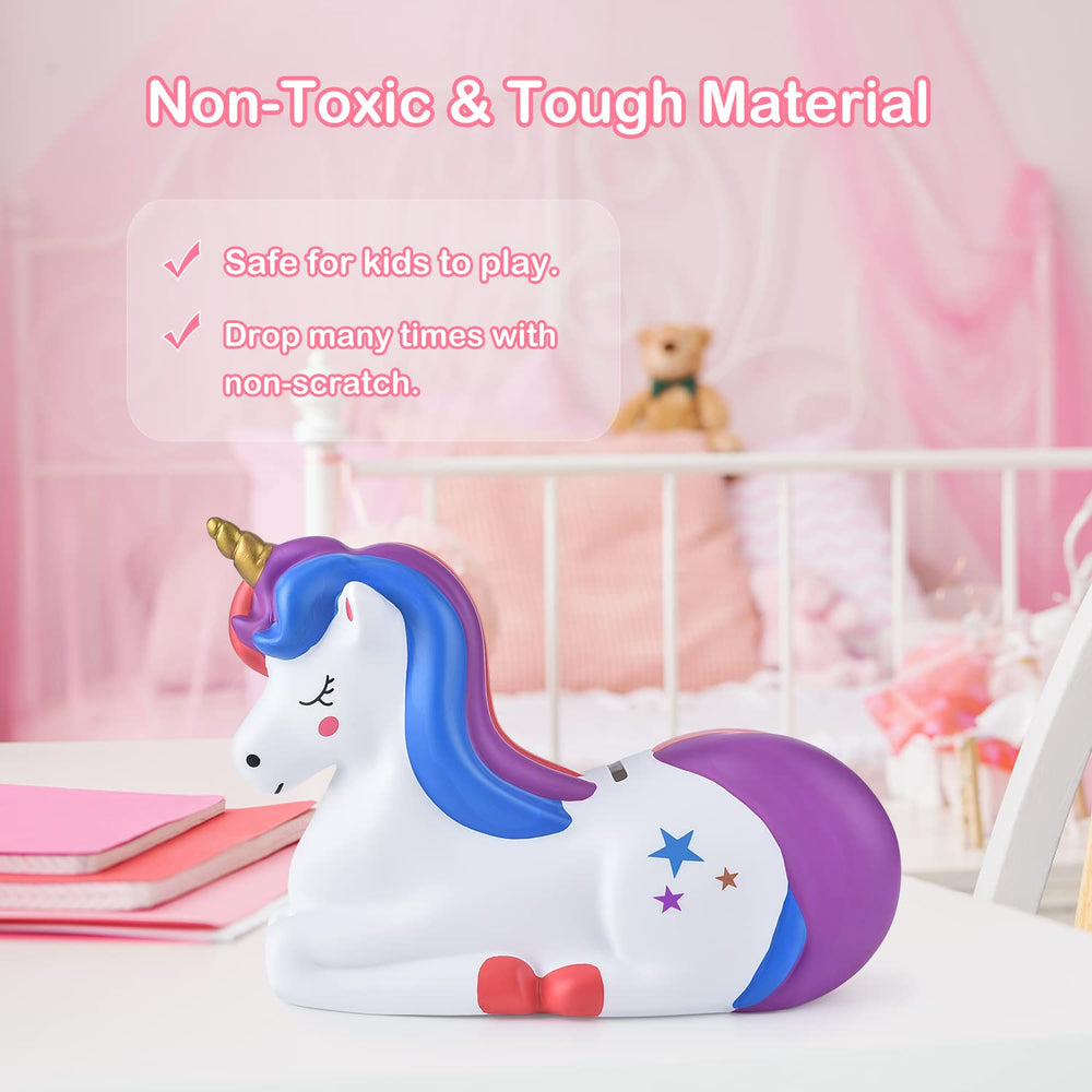 PJDRLLC Unicorn Piggy Bank purple side view highlighting sturdy construction