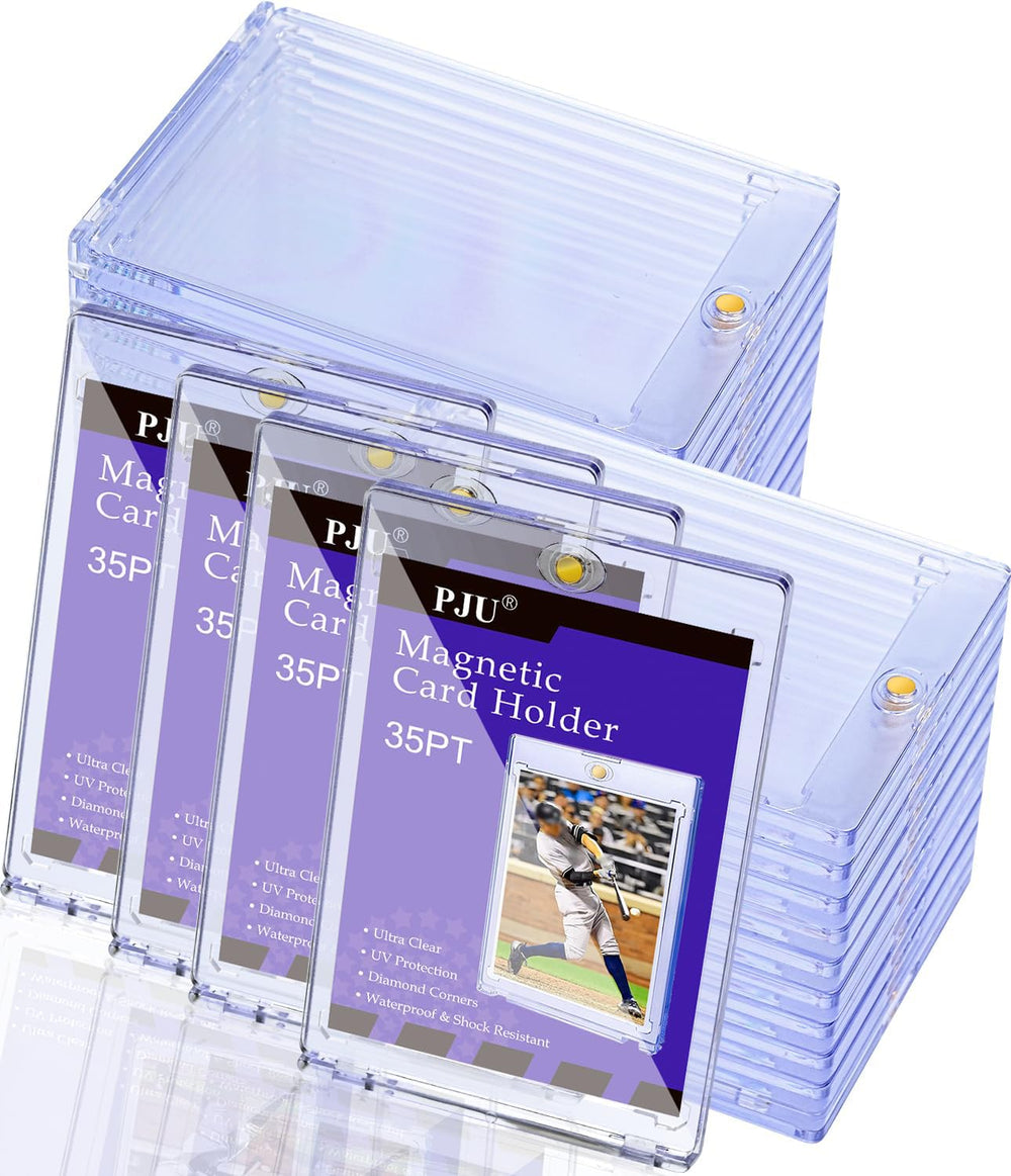 PJU magnetic card holder displaying a trading card securely in a clear case.