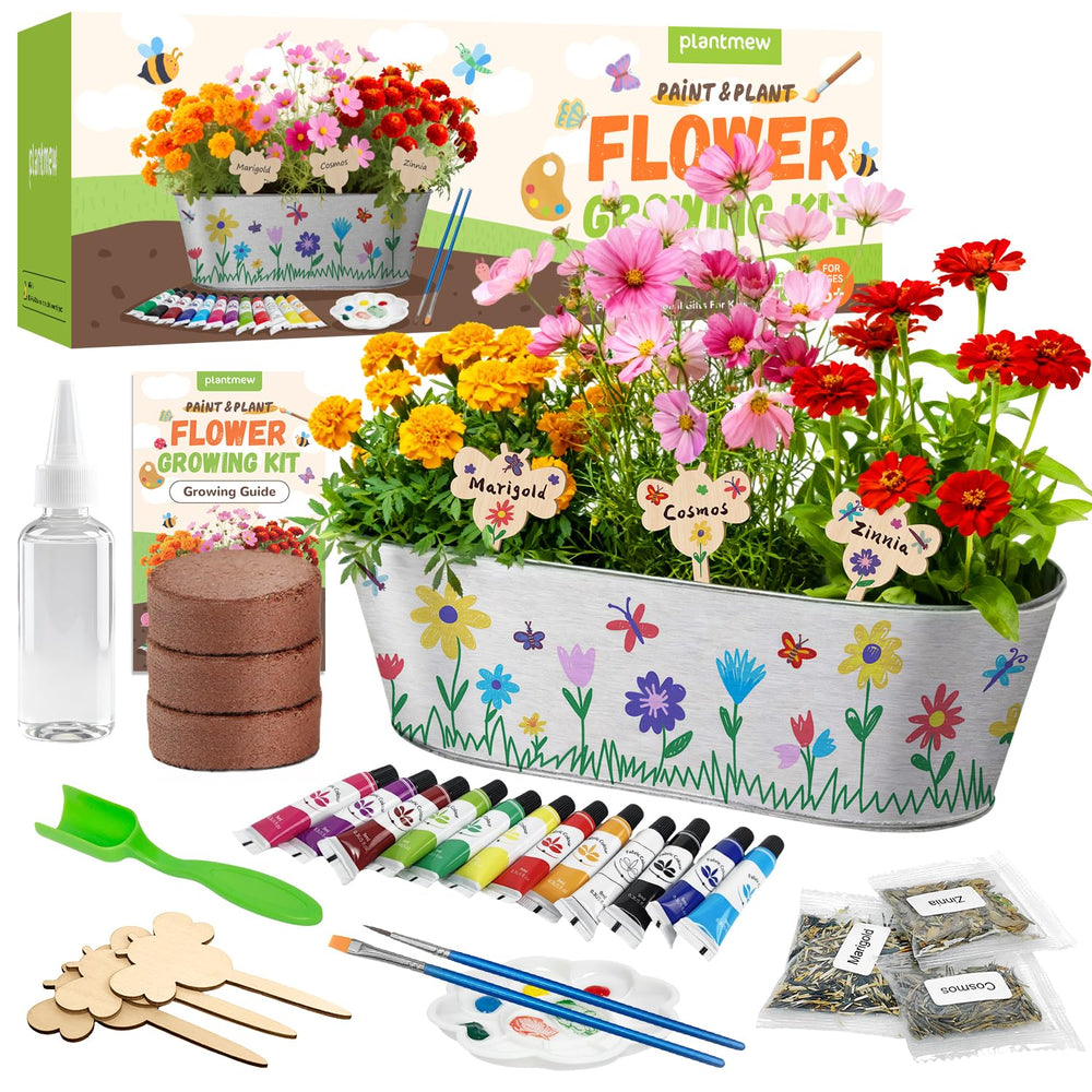 PLANTMEW Paint & Plant kit front view with metal planter and paints for kids.