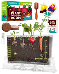 PLANTMEW Root Viewer Kit display with six seed varieties for hands-on science learning
