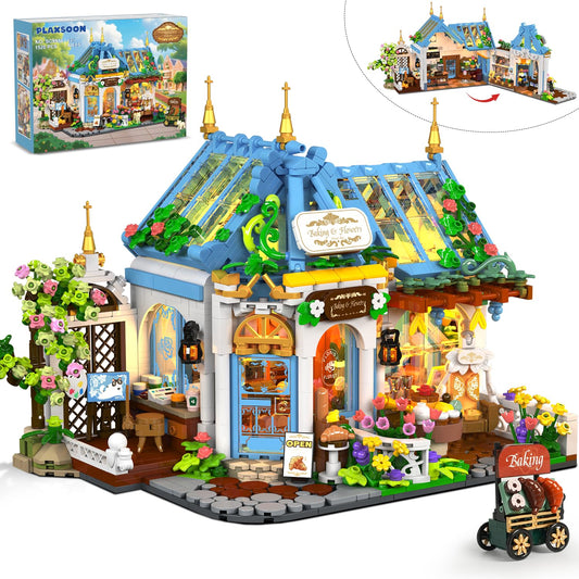 PLAXSOON Flower Café House with LED glow, ideal for cozy shelf display.
