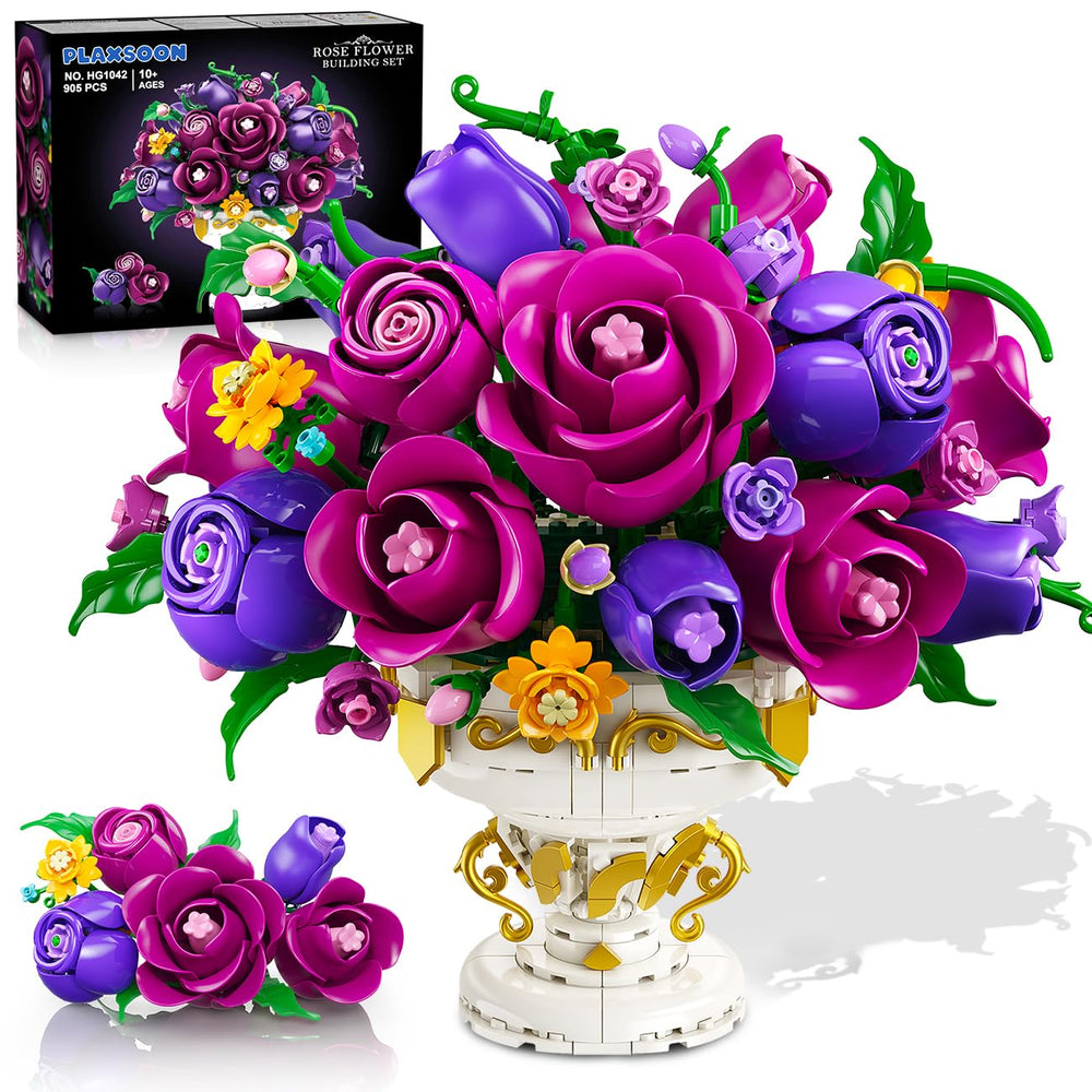 PLAXSOON purple rose building set in a vase showcasing vibrant color for stylish home decor