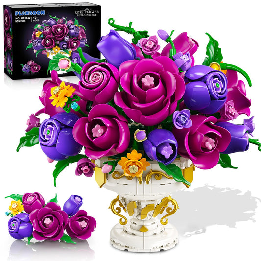 PLAXSOON purple rose building set in a vase showcasing vibrant color for stylish home decor