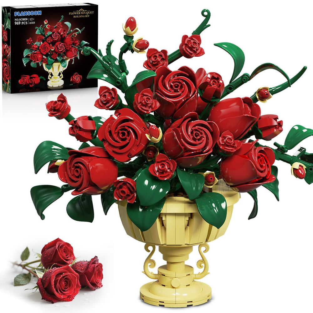 PLAXSOON rose bouquet building kit in a pot for timeless home decor.