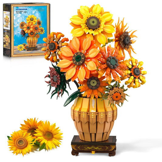 PLAXSOON Sunflower Building Set with Lights vase base showcased for warm room ambiance