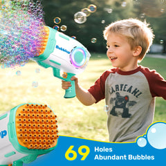 Play-Act bubble gun with LED lights creates colorful, magical bubbles for parties