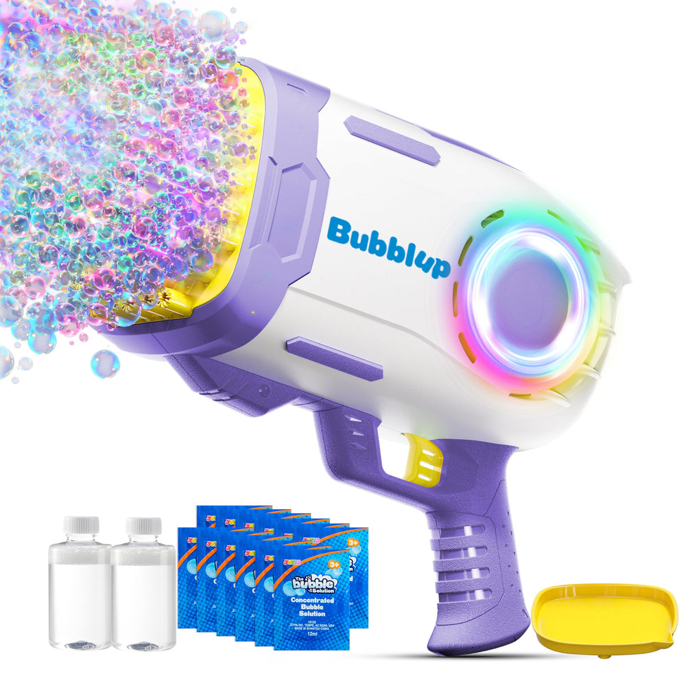 Play-Act bubble machineguns with rocket 69-holes and LEDs for vibrant party bubbles.