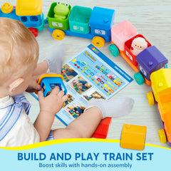 Play-Act Colorful wagon carriages showcase stacking and sorting activities.