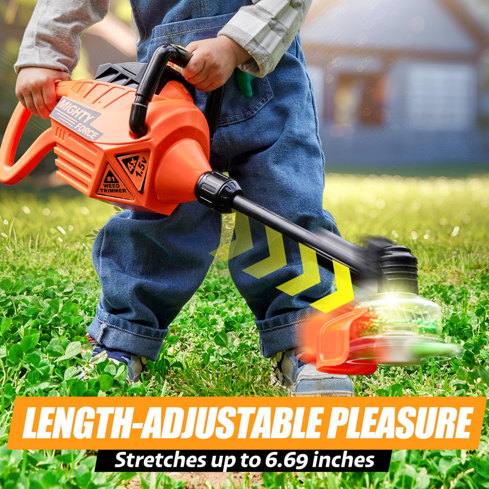 Bright, rounded edges and durable materials on the Play-Act weed trimmer ensure safety