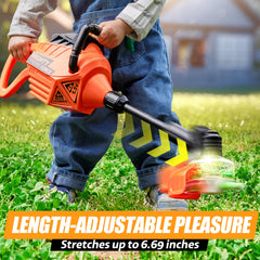 Bright, rounded edges and durable materials on the Play-Act weed trimmer ensure safety