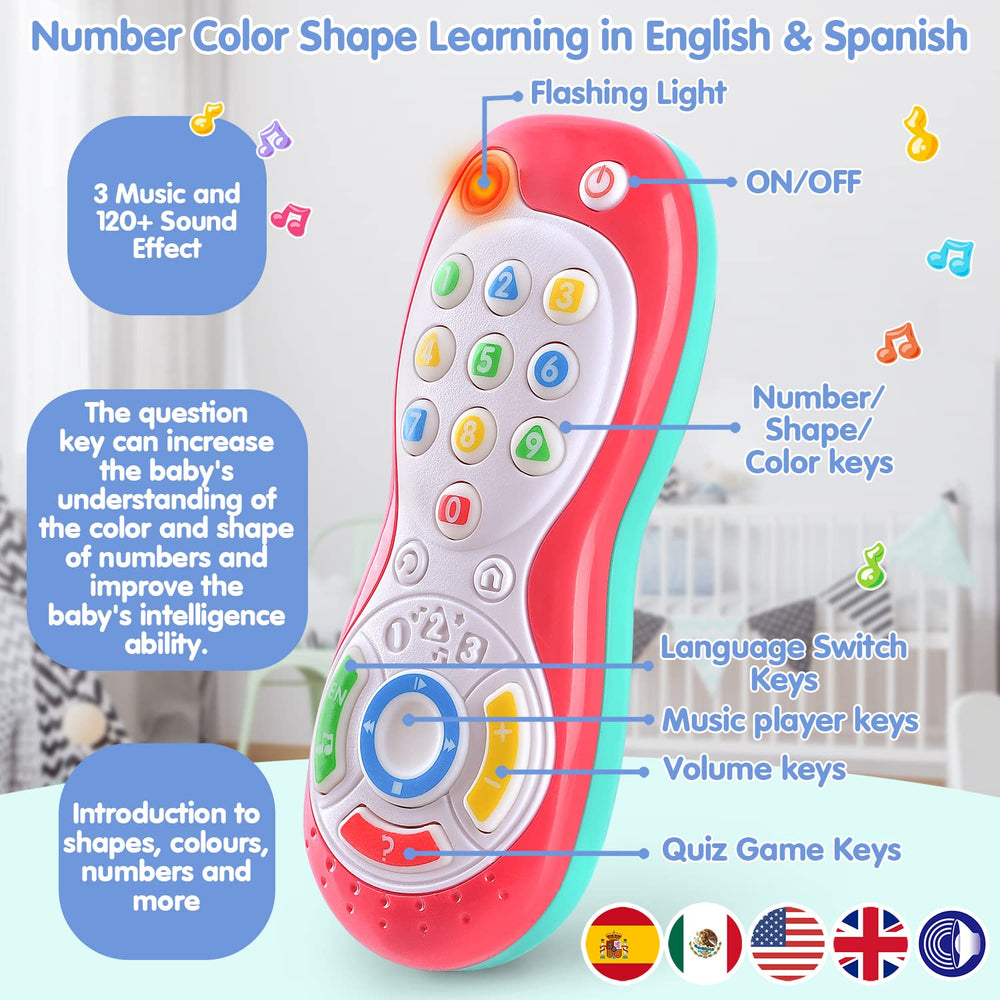 Play Baby Remote Mode Switch illustrates English and Spanish teaching modes.