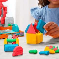 Play-Doh Stamp & Saw Tool Bench five color cans closeup for color exploration