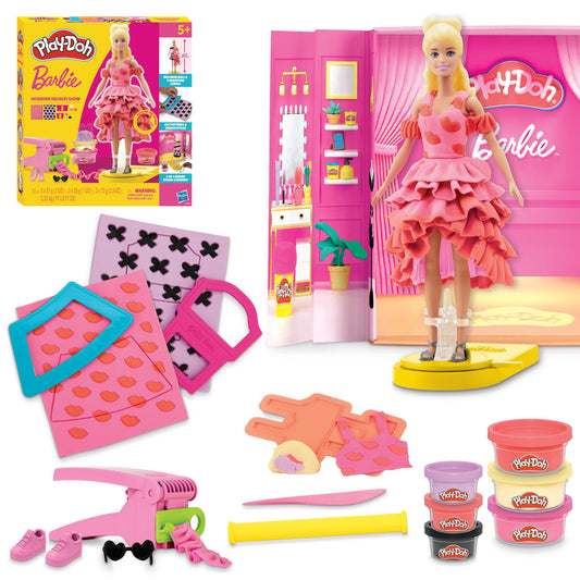 Play-Doh Barbie designer fashion show set doll ready for custom outfits and pretend runway.