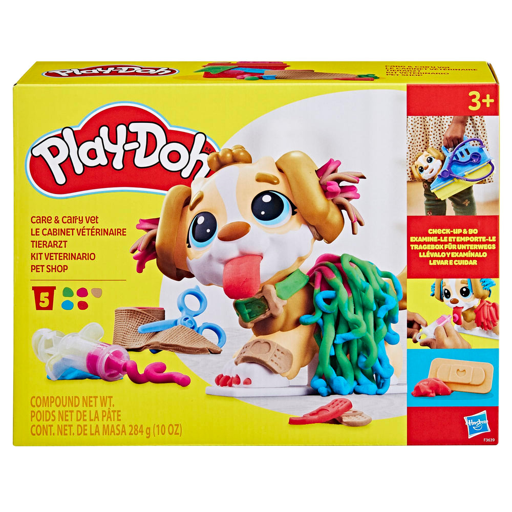 Play-Doh Care 'n Carry grooming tools set for stylish pup hair.