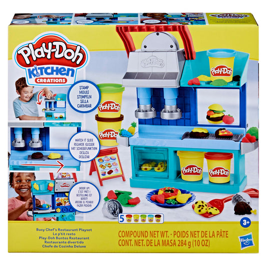 Play-Doh Kitchen Creations Busy Chef's Restaurant Playset front view sparks imaginative cooking play.