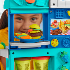 Play-Doh Kitchen Creations Busy Chef's Restaurant Playset half-molds add toppings and sides for playful menus.